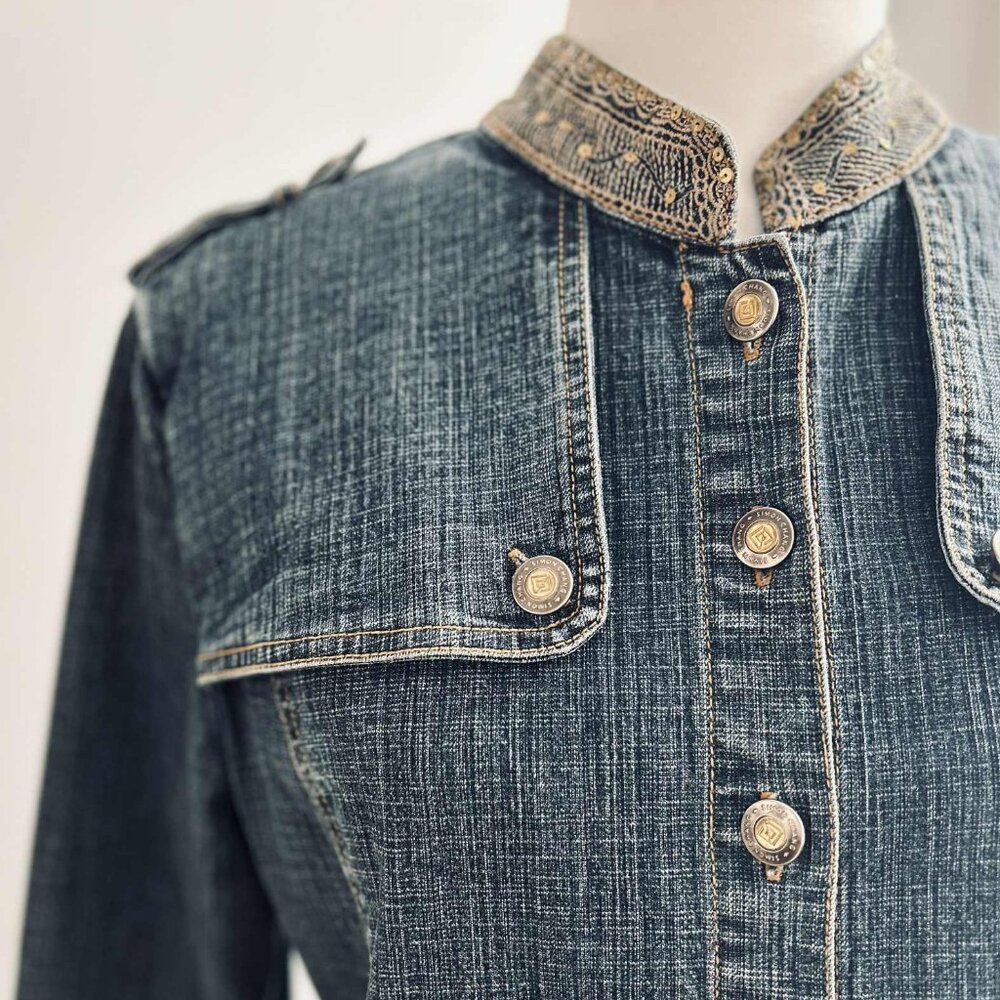 Simon Chang Indigo Embellished Luxe Denim Jacket with Gold Detailing – US 10